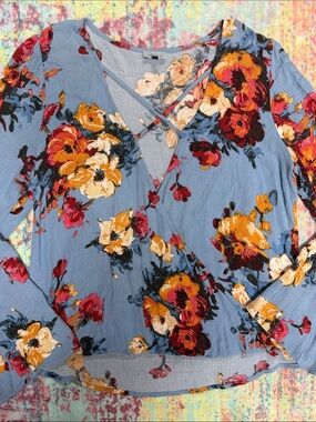 Abbeline Blue Floral Crisscross V-Neck Blouse